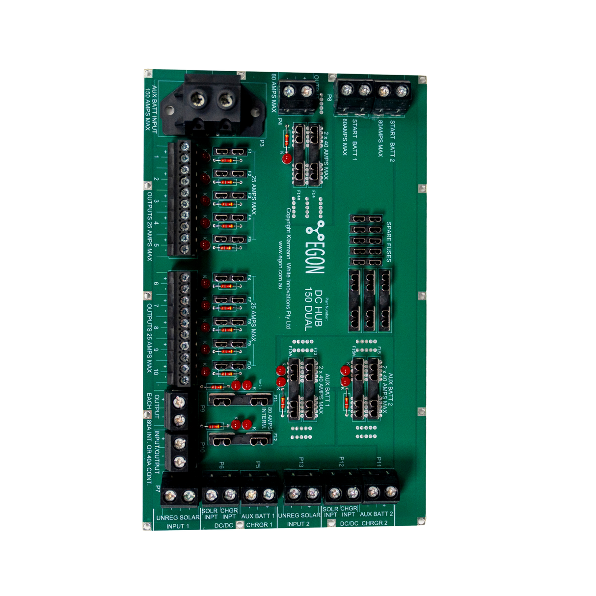 Green electronic circuit board with various components on a white background