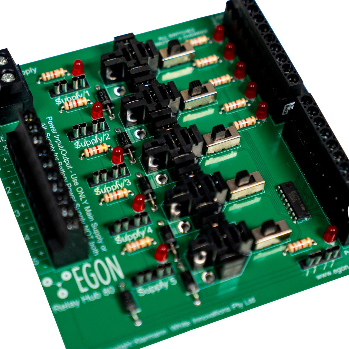 Close-up of a green electronic circuit board with components labeled 'EGON'.
