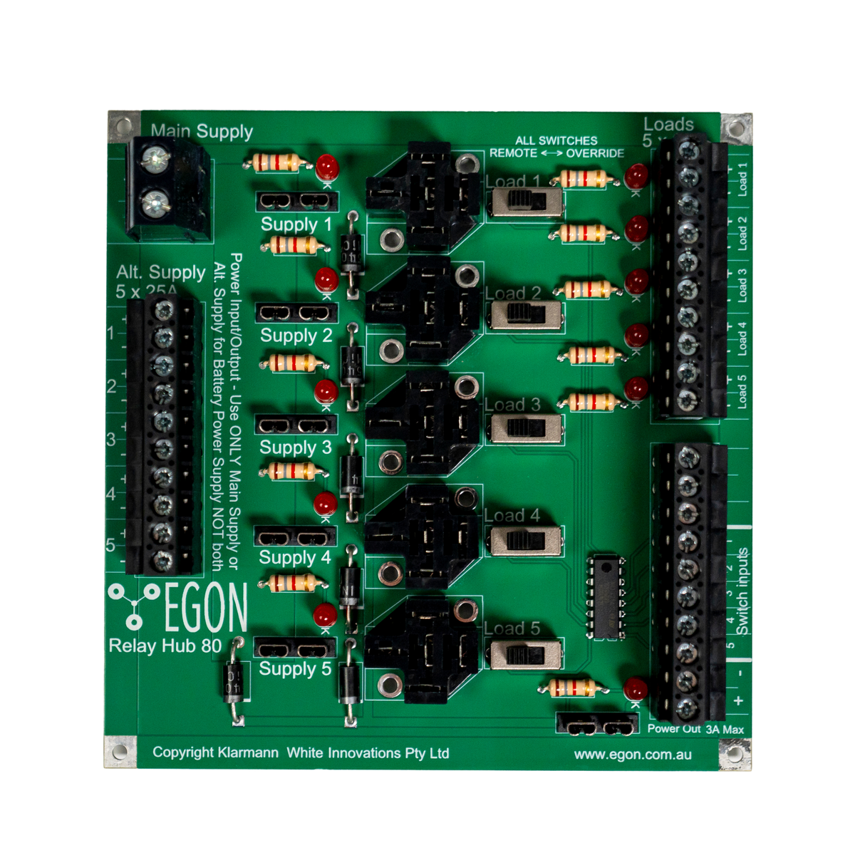 Green electronic relay hub board with various components on a white background