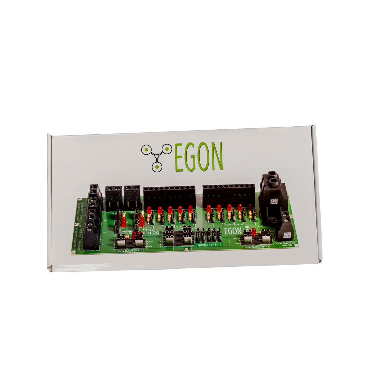 Green electronic control panel with various components on a white background