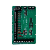 Green electronic circuit board with various components on a white background