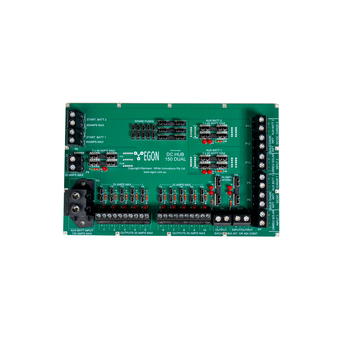 Green electronic control panel with various components on a white background