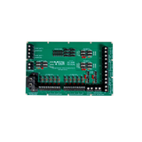 Green electronic control panel with various components on a white background