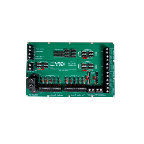 Green electronic control panel with various components on a white background