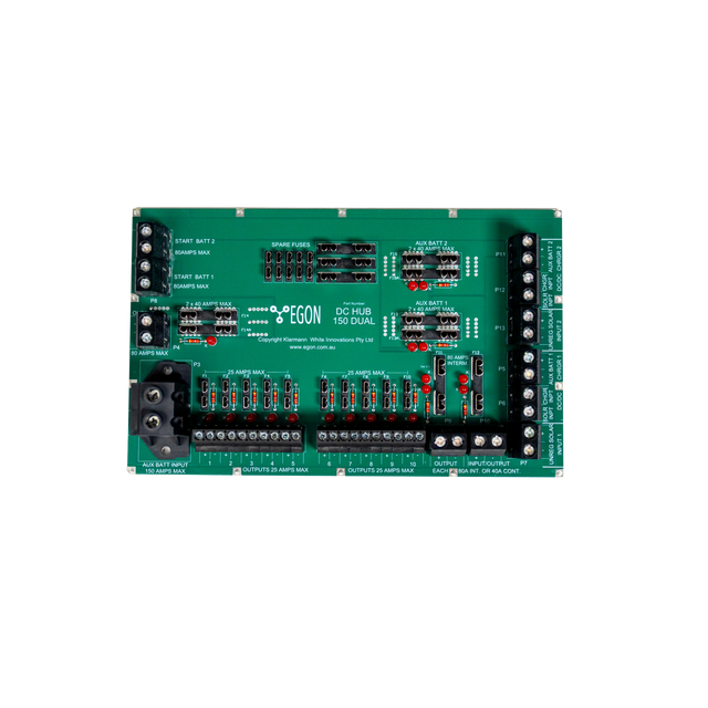 Green electronic control panel with various components on a white background