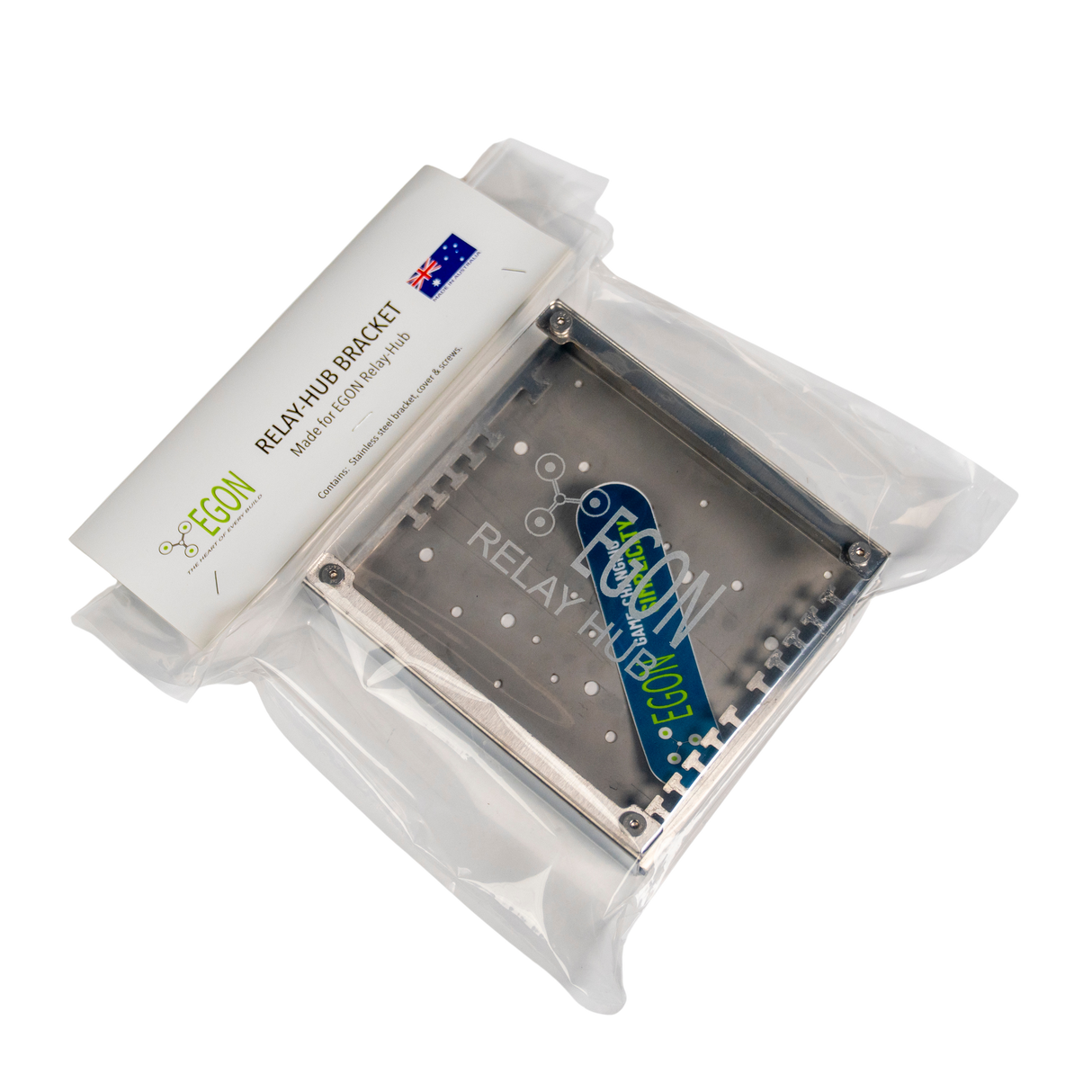 Relay hub with packaging on a white background