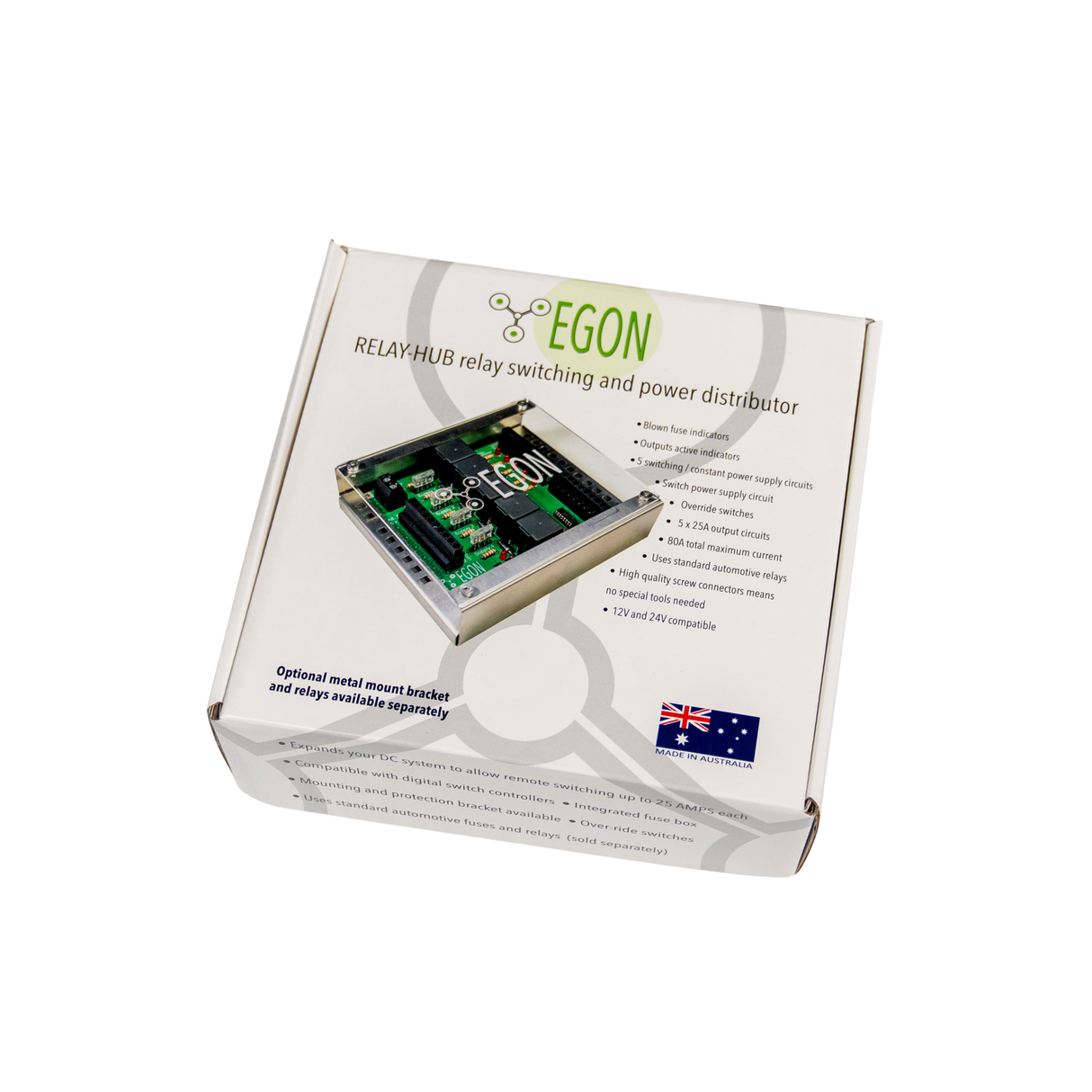 Close-up of a green electronic circuit board with 'EGON' branding on a white background