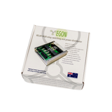 Close-up of a green electronic circuit board with 'EGON' branding on a white background